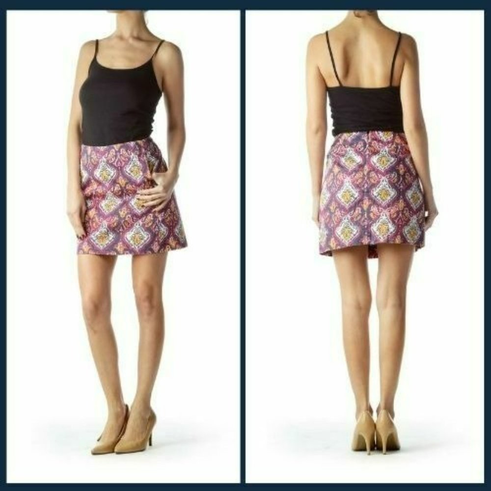 J.Crew Multi Color Paisely Mini Skirt SMALL Pocketed Skirt Cotton Stretch - Picture 3 of 9